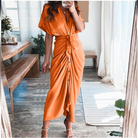 Amazon Satin Midi Dress in Bold Orange - Picture 2 of 4